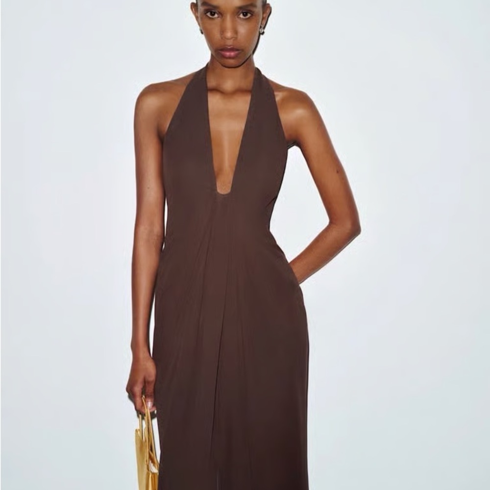 Reformation Strapless Plunge Halter Maxi Dress in Chocolate Brown